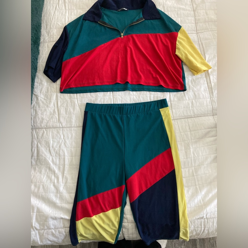 Fashion Nova Two Piece Athletic Crop Top and High Waisted Short Set - Multicolor